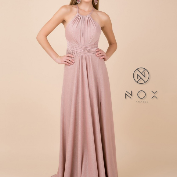 Halter Neckline Leg Slit Open Back Dress NXE184